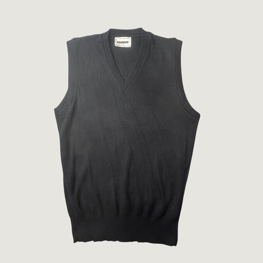 Vintage Campus Sweater Vest Mens Small V-Neck Black Preppy 70s 80sMade in USA